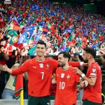 Kapten Timnas Portugal, Cristiano Ronaldo merayakan gol bersama rekannya