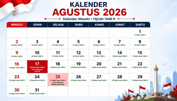 Long Weekend Agustus 2026: 15-17 Agustus Libur, Cek Tanggal Merah dan Ide Liburan